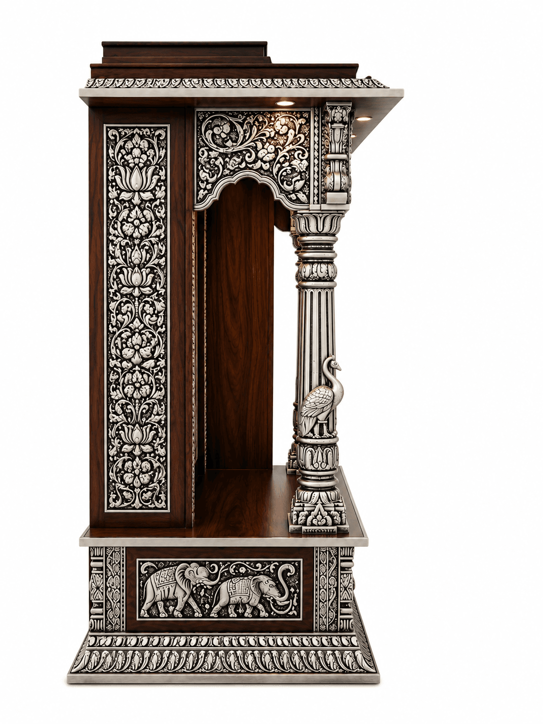 Side detailing of the Silver Lotus mandir, with floral inlay and carved pillar